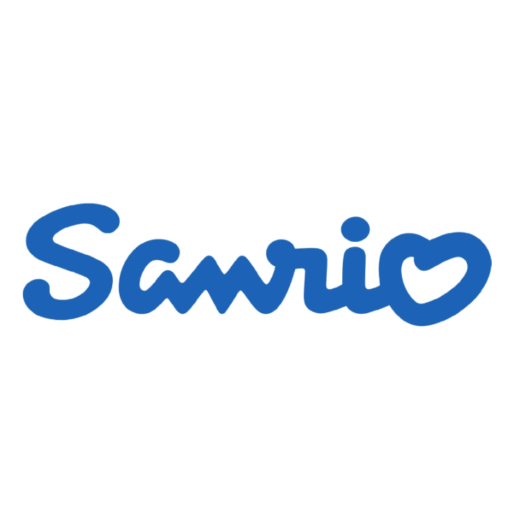 Blue text logo of "Sanrio" with a heart symbol.