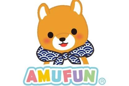 Orange cartoon shiba wearing a blue patterned scarf with "AMUFUN" text below.