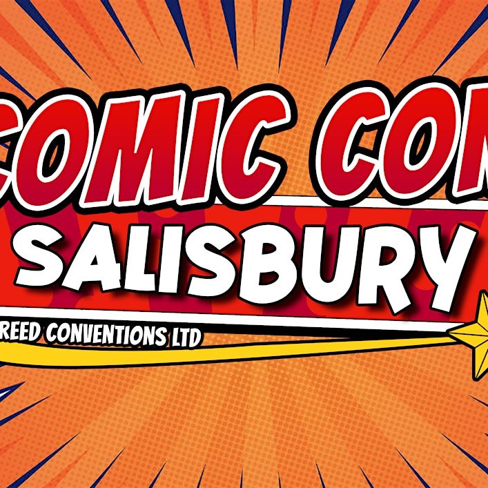 Comic Con Salisbury logo with bold text on an orange burst background.