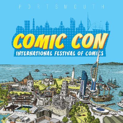 Illustration of a Comic Con event with a skyline and comic-related elements.