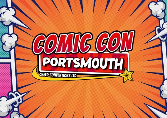 Comic Con Portsmouth logo with a bright, comic-style burst background.
