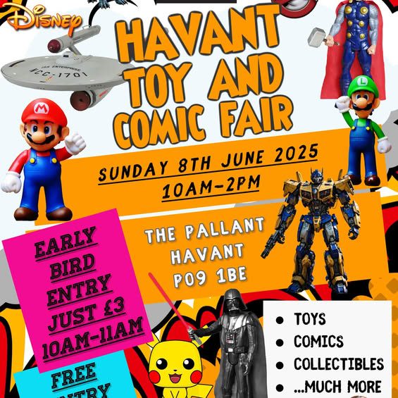 Poster for Havant Toy and Comic Fair on 8th June 2025, featuring various characters and event details.
