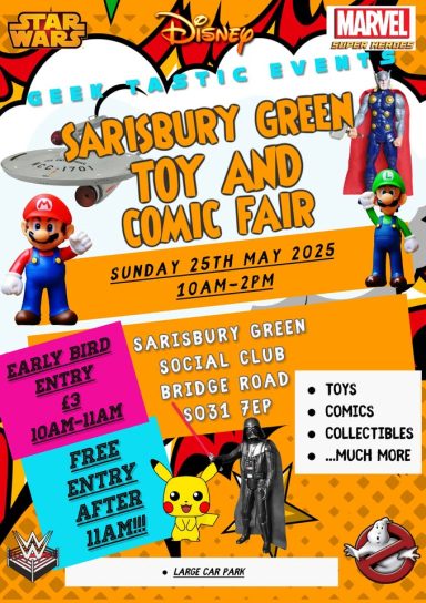 Promotional poster for Salisbury Green Toy and Comic Fair, featuring characters and event details.