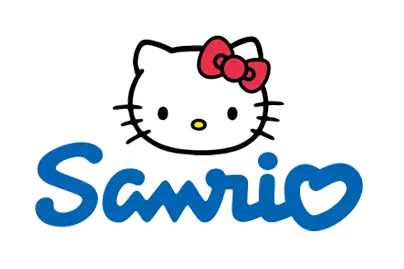 Sanrio logo featuring hello kitty and the word "Sanrio" in blue.