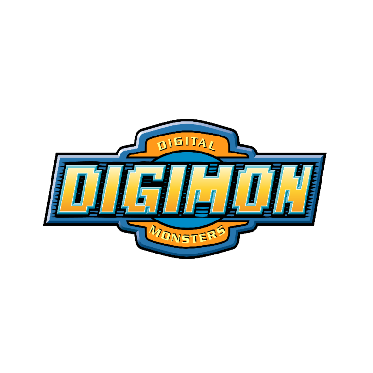 Logo of Digimon, featuring bold blue and yellow text with a digital theme.